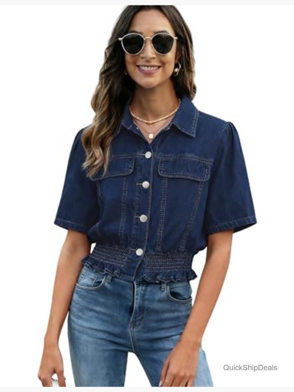 Short Sleeve Denim Peplum Crop Top Ruffle Hem Button Down Shirt Jacket - Picture 2 of 7